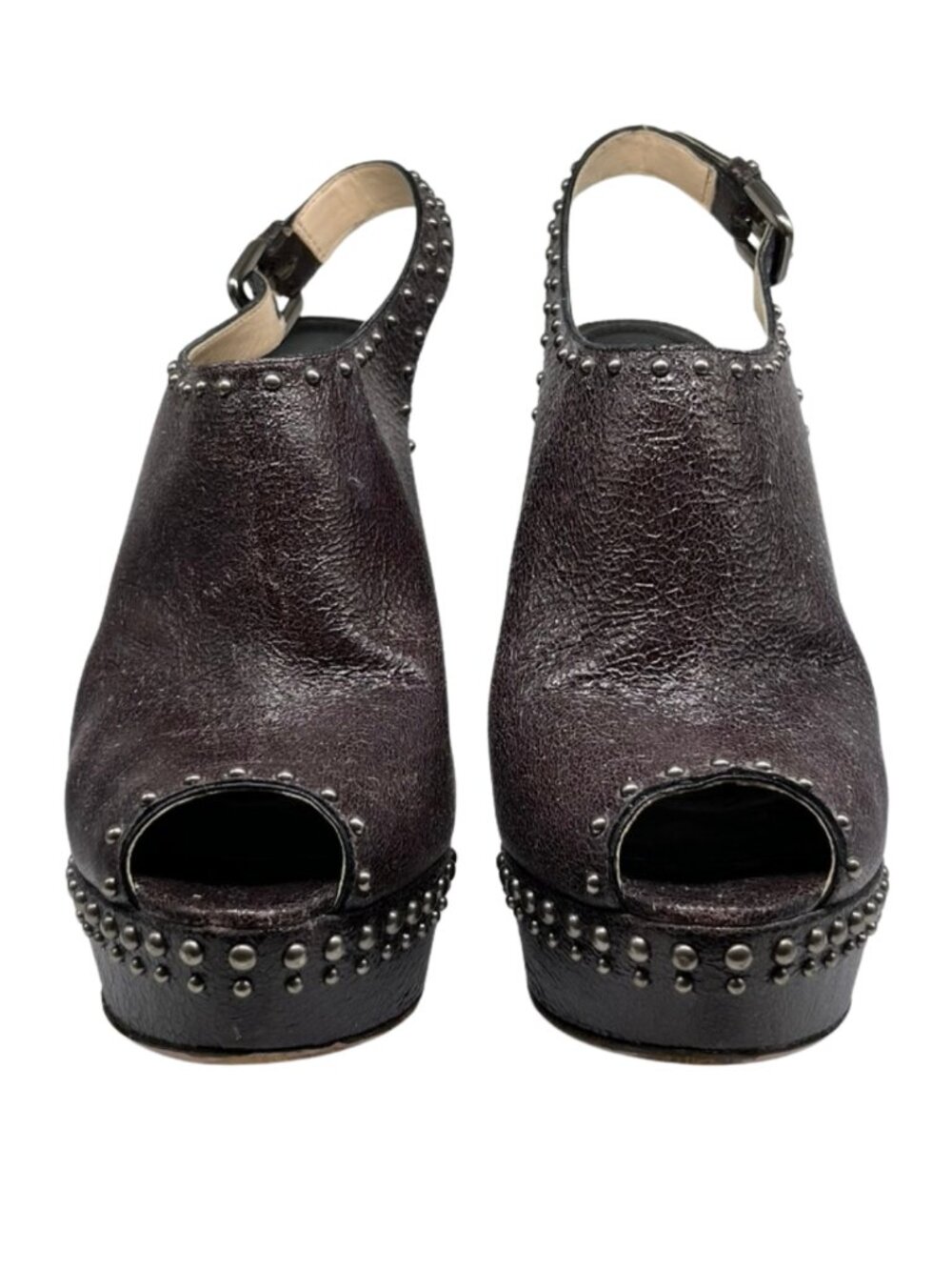 Prada Brown Leather Studded Platform Peep Toe Heels EU 40